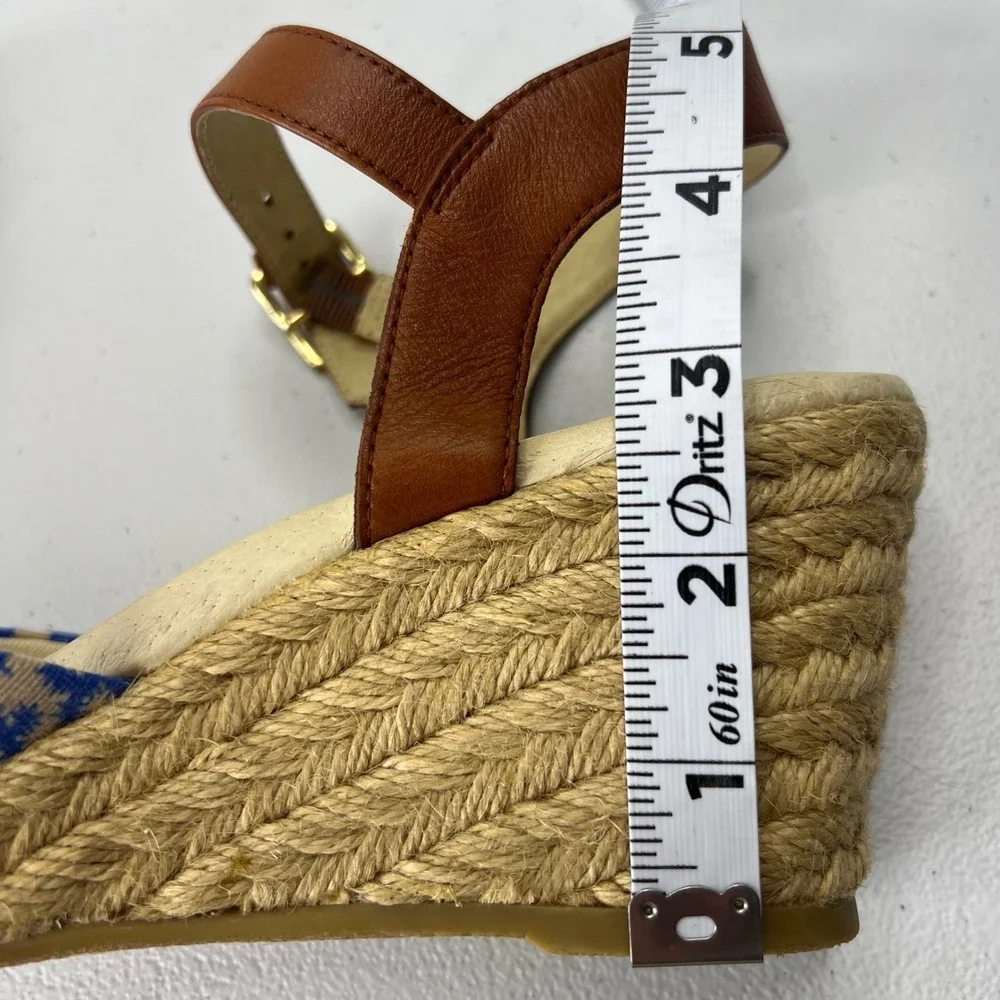 Lands' End Cara Espadrille Wedge Slingback Sandals Ankle Strap Blue Cream Size 7